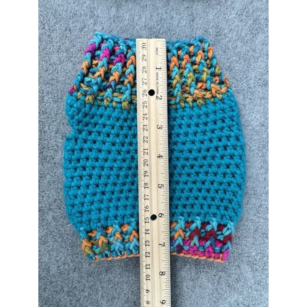 Dog Sweater & Hat Set Small Teal Multicolor Handmade Crochet Pom Pom Puppy